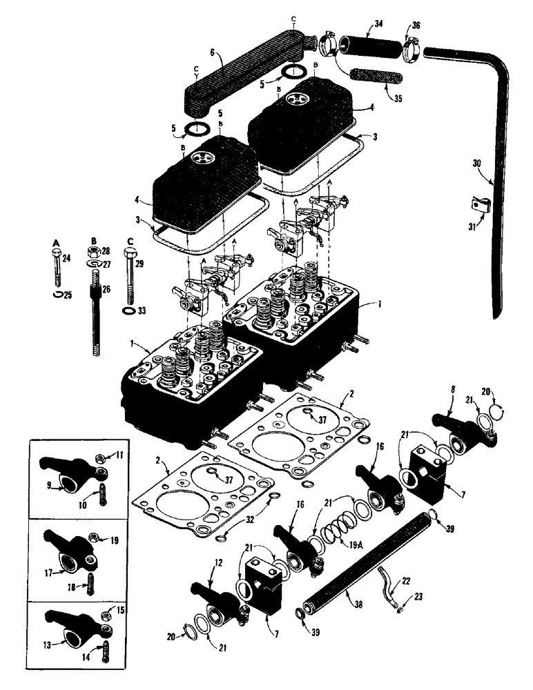 Схема запчастей Case 750 - (016) - CYLINDER HEAD, ROCKER ARMS, & ROAD DRAFT TUBE - DIESEL (01) - ENGINE