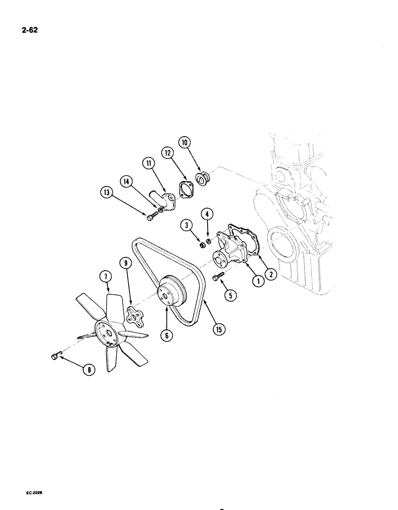 Схема запчастей Case 1825 - (2-62) - WATER PUMP, FAN, AND THERMOSTAT, GASOLINE MODELS (02) - ENGINE