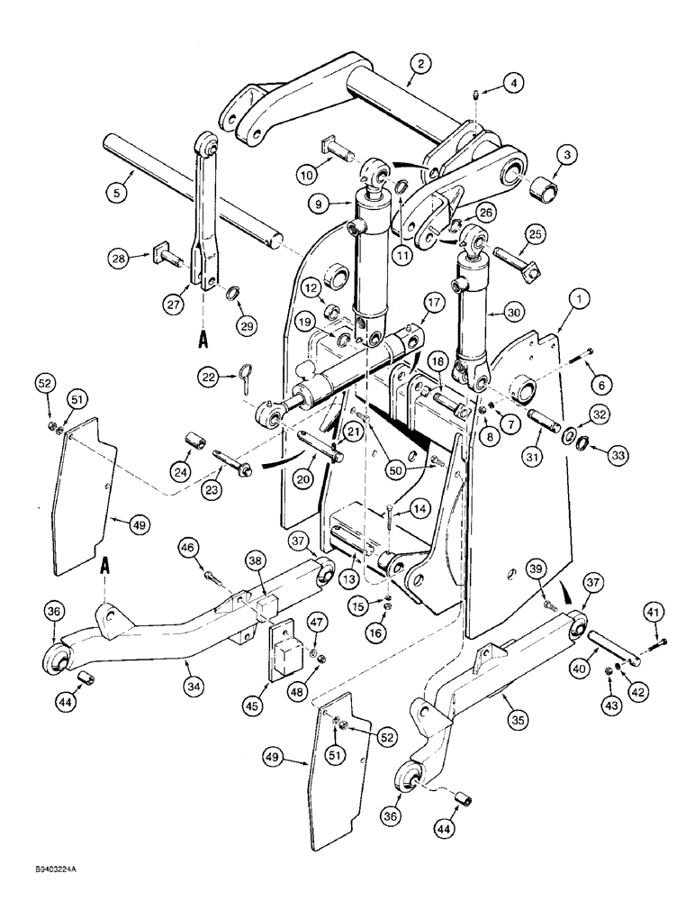 Схема запчастей Case 480F - (9-075A) - THREE-POINT HITCH DRAFT ARMS, LINKAGE, & CYL., MODELS W/FLAT HITCH FRAME SIDES & 28-1/2" ROACKSHAFT (09) - CHASSIS/ATTACHMENTS