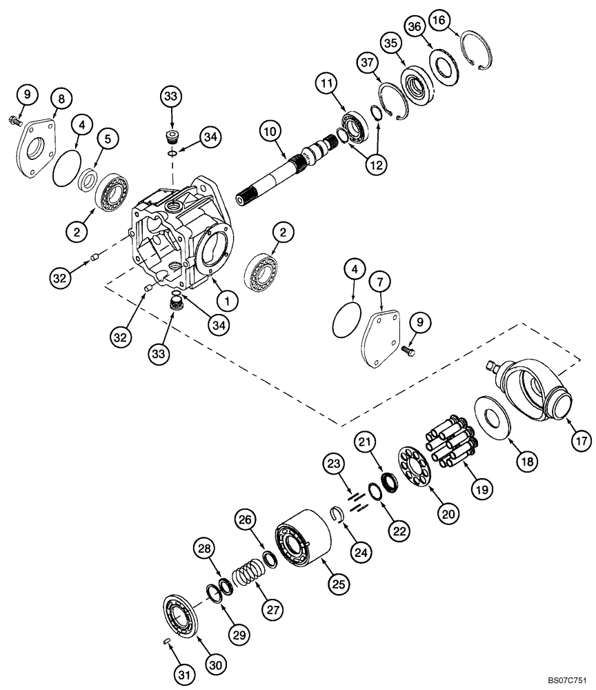 Схема запчастей Case 1838 - (6-19A) - TANDEM PUMP ASSEMBLY FRONT DRIVE PUMP HOUSING INPUT SHAFT & PISTON BLOCK (06) - POWER TRAIN