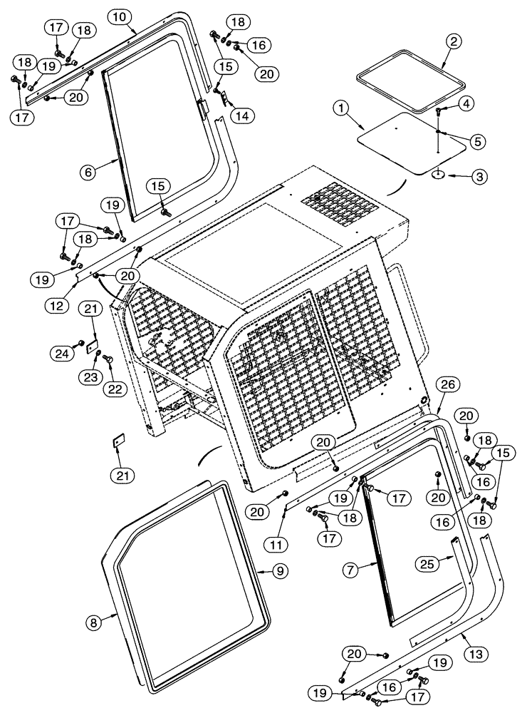 Схема запчастей Case 85XT - (09-47) - WINDOWS SIDE AND TOP, NORTH AMERICAN MODELS -JAF0352233, EUROPEAN MODELS -JAF0352714 (09) - CHASSIS