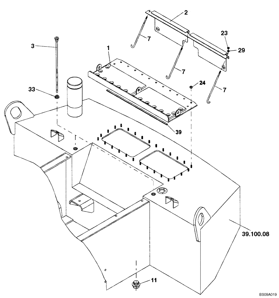 Схема запчастей Case SV212 - (39.100.02) - HOLD DOWN, BATTERY (39) - FRAMES AND BALLASTING