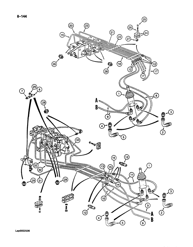 Схема запчастей Case 125B - (8-144) - HYDRAULIC CIRCUIT FOR CONTROLS, TO MAIN CONTROL VALVES, P.I.N. 21807 THRU 21868, 26801 AND AFTER (08) - HYDRAULICS