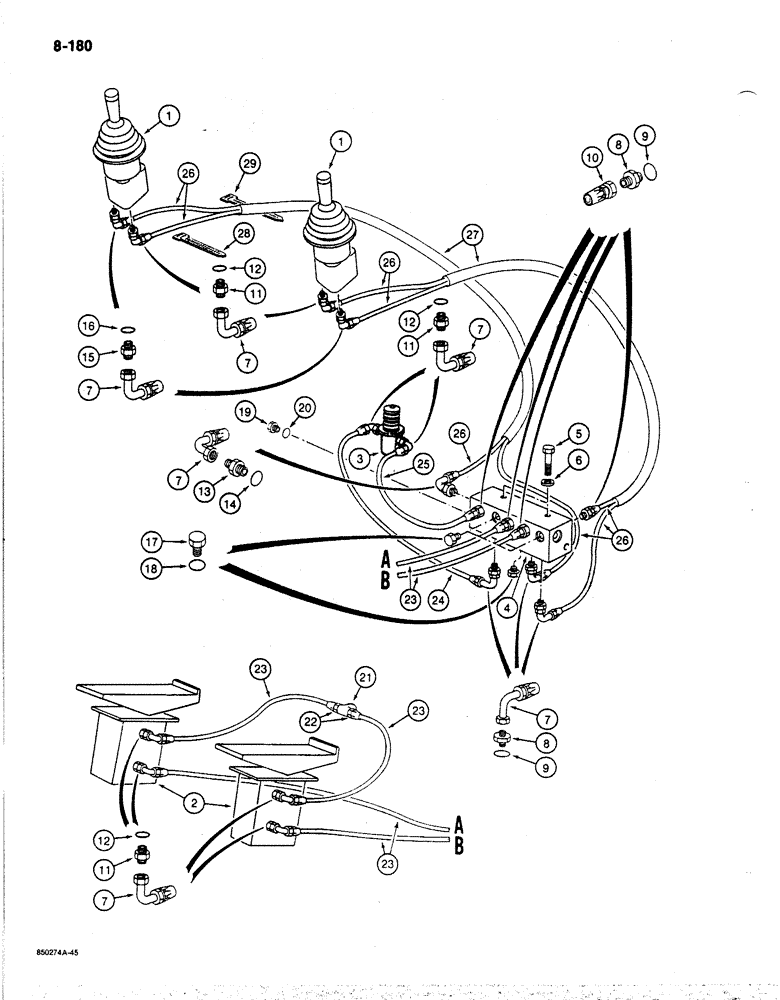 Схема запчастей Case 170B - (8-180) - HYDRAULIC CONTROL CIRCUIT, MANIFOLD TO HAND AND FOOT CONTROL VALVES, P.I.N. 74341 THRU 74397 & 75399 (08) - HYDRAULICS