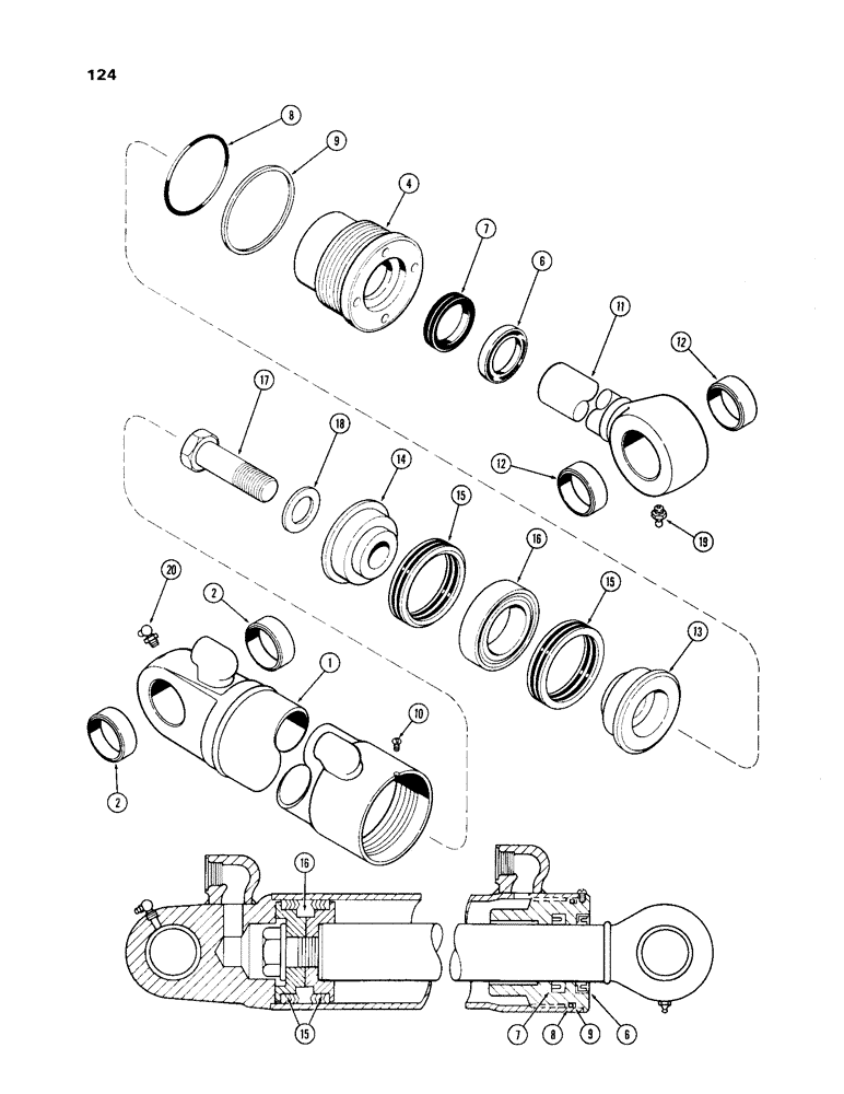 Схема запчастей Case 33 - (124) - G33929 DIPPER CYL, 4" DIA. CYL. W/35-1/8" STROKE W/SOLID OUTER WIPER&INNER BUSHING W/GLAND ID RING 