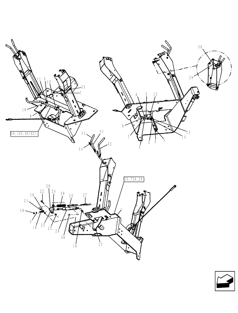 Схема запчастей Case 580SM - (35.726.28) - BACKHOE CONTROL TOWER LEVERS (BOOM LATCH), WITH PILOT CONTROLS (35) - HYDRAULIC SYSTEMS