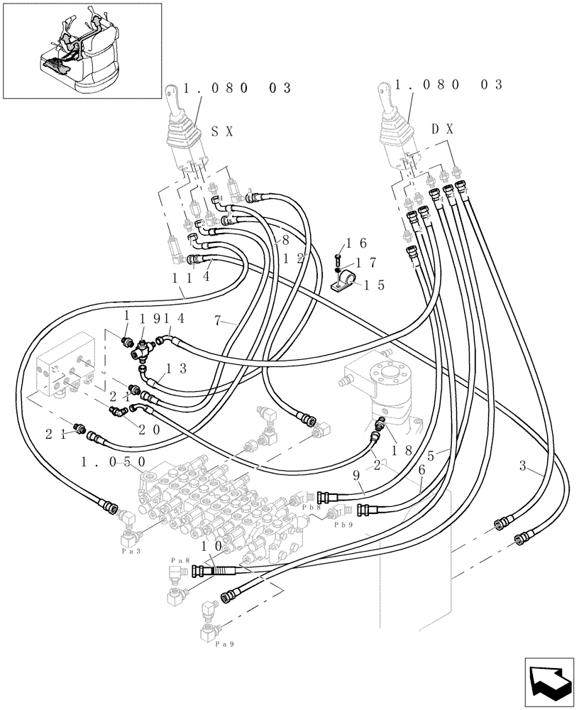 Схема запчастей Case CX16B - (1.080[04A]) - PILOT VALVE PIPING (35) - HYDRAULIC SYSTEMS