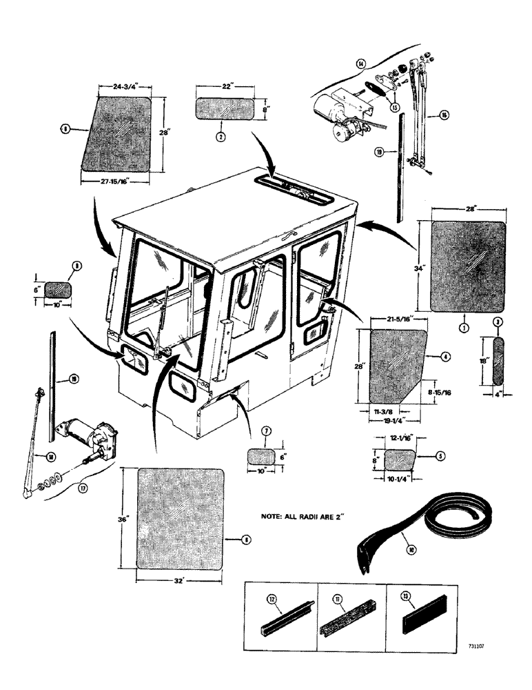 Схема запчастей Case 680CK - (247C) - L53952 AND L54484 ROPS OPERATOR CAB, WINDOW GLASS, MOULDINGS AND WINDSHIELD WIPERS (90) - PLATFORM, CAB, BODYWORK AND DECALS