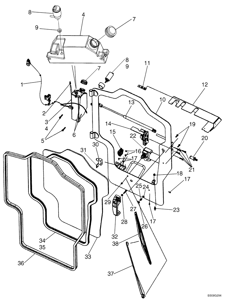 Схема запчастей Case 420CT - (09-25G) - CAB DOOR - WIPER; USES WIPER MOTOR 87748779 (09) - CHASSIS