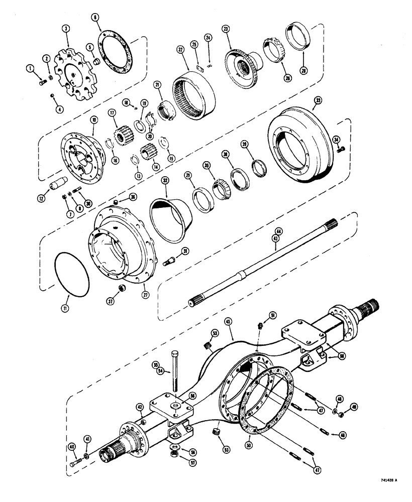 Схема запчастей Case W20 - (166) - PR120 SERIES AXLE HOUSING AND PLANETARY TRAC. S/N9115302 & AFT. EXCE[T S/N 9115334 & 9115335 (06) - POWER TRAIN