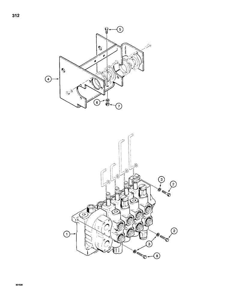 Схема запчастей Case 1150D - (312) - EQUIPMENT CONTROL VALVE MOUNTING (08) - HYDRAULICS