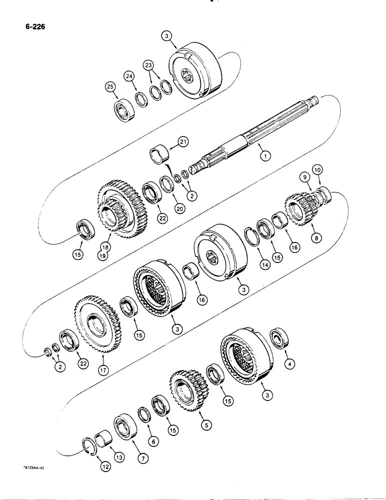 Схема запчастей Case 1450B - (6-226) - TRANSMISSION LEFT-HAND AND RIGHT-HAND CLUTCH SHAFTS (06) - POWER TRAIN