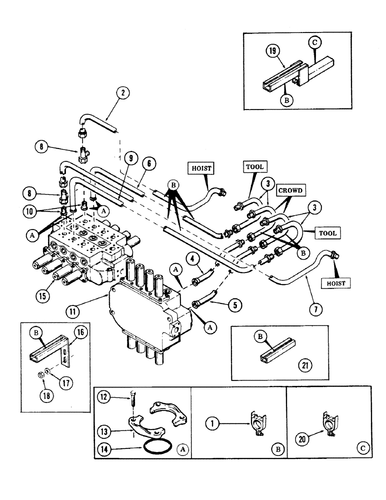 Схема запчастей Case 50 - (8-190) - CROWD, HOIST AND TOOL TUBING FROM VALVES TO BOOM (08) - HYDRAULICS