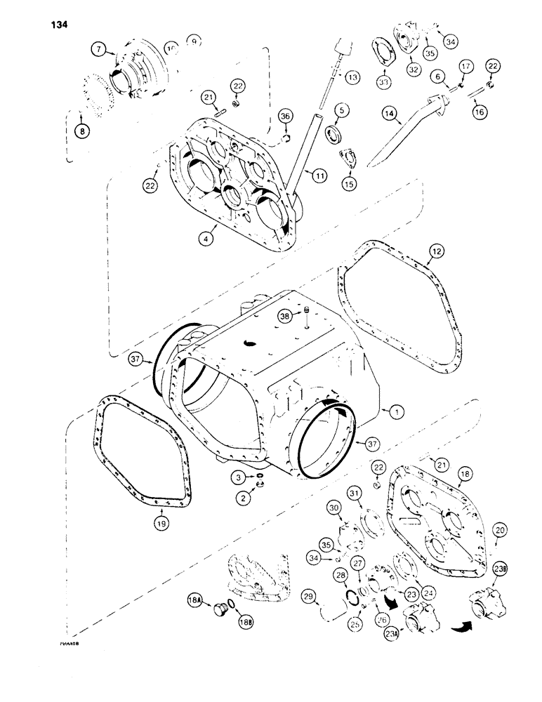 Схема запчастей Case 1450 - (134) - TRANSMISSION HOUSING, COVERS, AND DIPSTICK (06) - POWER TRAIN