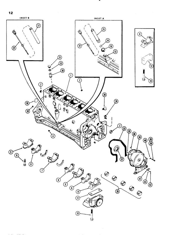 Схема запчастей Case 1150 - (012) - CYLINDER BLOCK ASSEMBLY, (401) DIESEL ENGINE, USED PRIOR TO ENG. 2306516 (01) - ENGINE