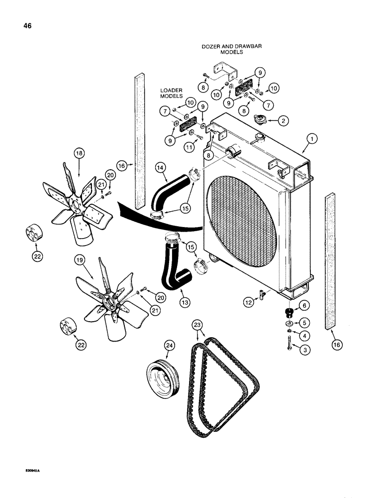 Схема запчастей Case 1150D - (046) - RADIATOR, FANS, AND HOSES (02) - ENGINE