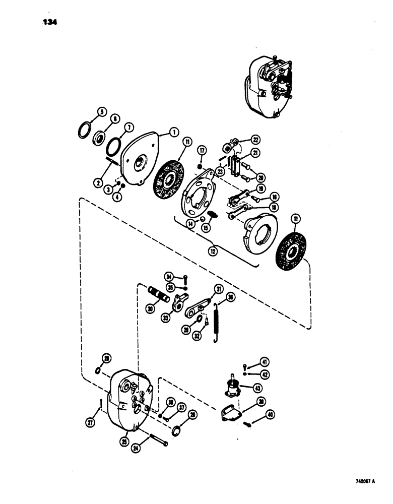 Схема запчастей Case 450 - (134) - TRANSMISSION HYDRAULIC BRAKES, W/TWO PIECE BRAKE LEVER, USED BEFORE LOADER TRANSMISSION S.N. 2644199 (03) - TRANSMISSION