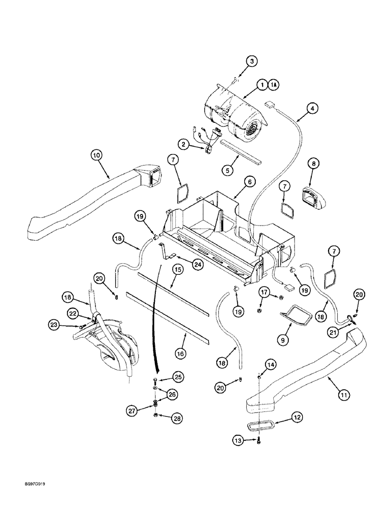 Схема запчастей Case 580SL - (9-118) - CAB, BLOWER HOUSING, HEAT AND AIR VENTILATION DUCTS, AND DRAIN LINES (09) - CHASSIS/ATTACHMENTS