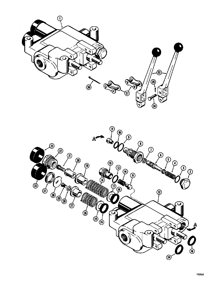 Схема запчастей Case 26 - (086) - D44563 LOADER CONTROL VALVES & LEVERS 