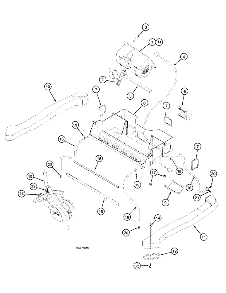 Схема запчастей Case 580L - (9-101) - CAB, BLOWER HOUSING, HEAT AND AIR VENTILATION DUCTS, AND DRAIN LINES (09) - CHASSIS/ATTACHMENTS