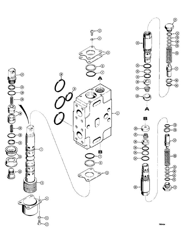 Схема запчастей Case 780 - (372) - BACKHOE CONTROL VALVE, D54874 BUCKET AND DIPPER SECTION (08) - HYDRAULICS