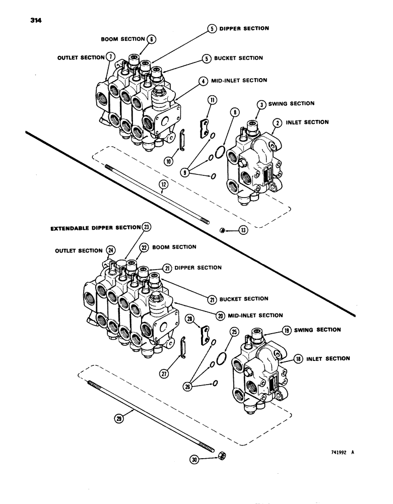 Схема запчастей Case 680E - (314) - BACKHOE CONTROL VALVE, BACKHOE CONTROL VALVE, USED ON (35) - HYDRAULIC SYSTEMS