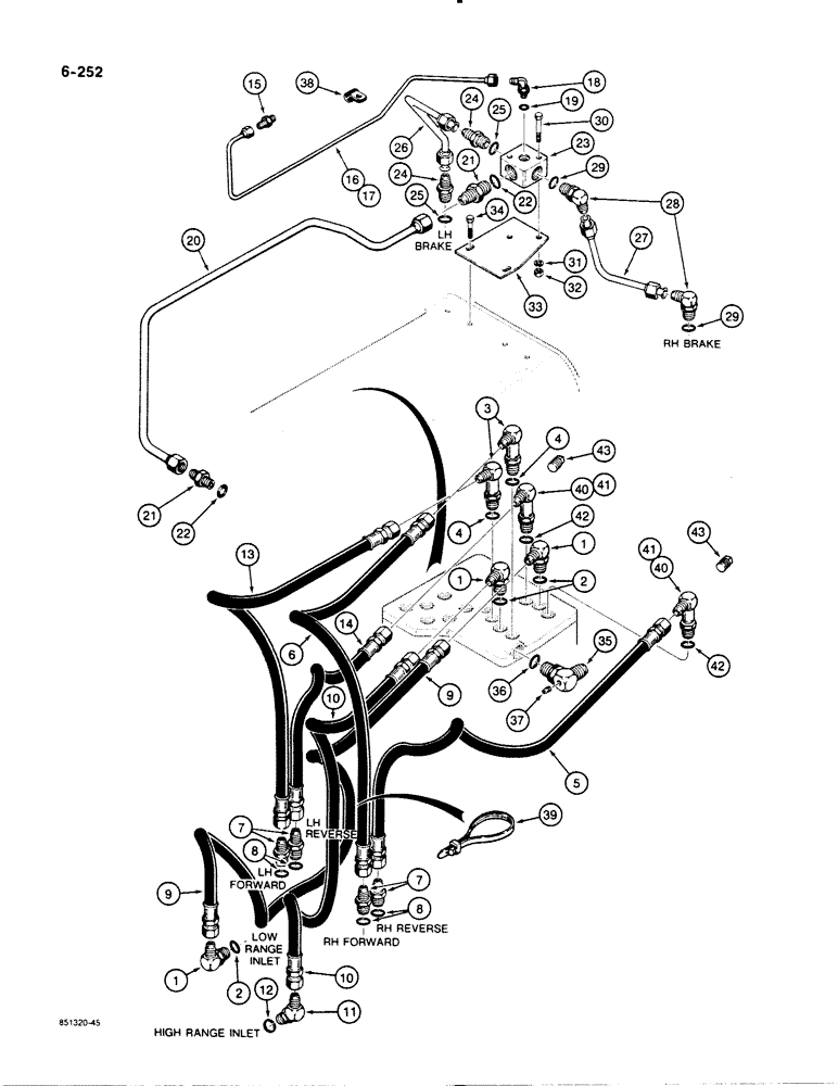 Схема запчастей Case 1455B - (6-252) - TRANSMISSION HYDRAULIC CIRCUITS, CONTROL VALVE TO REAR OF TRANS & BRAKES (06) - POWER TRAIN