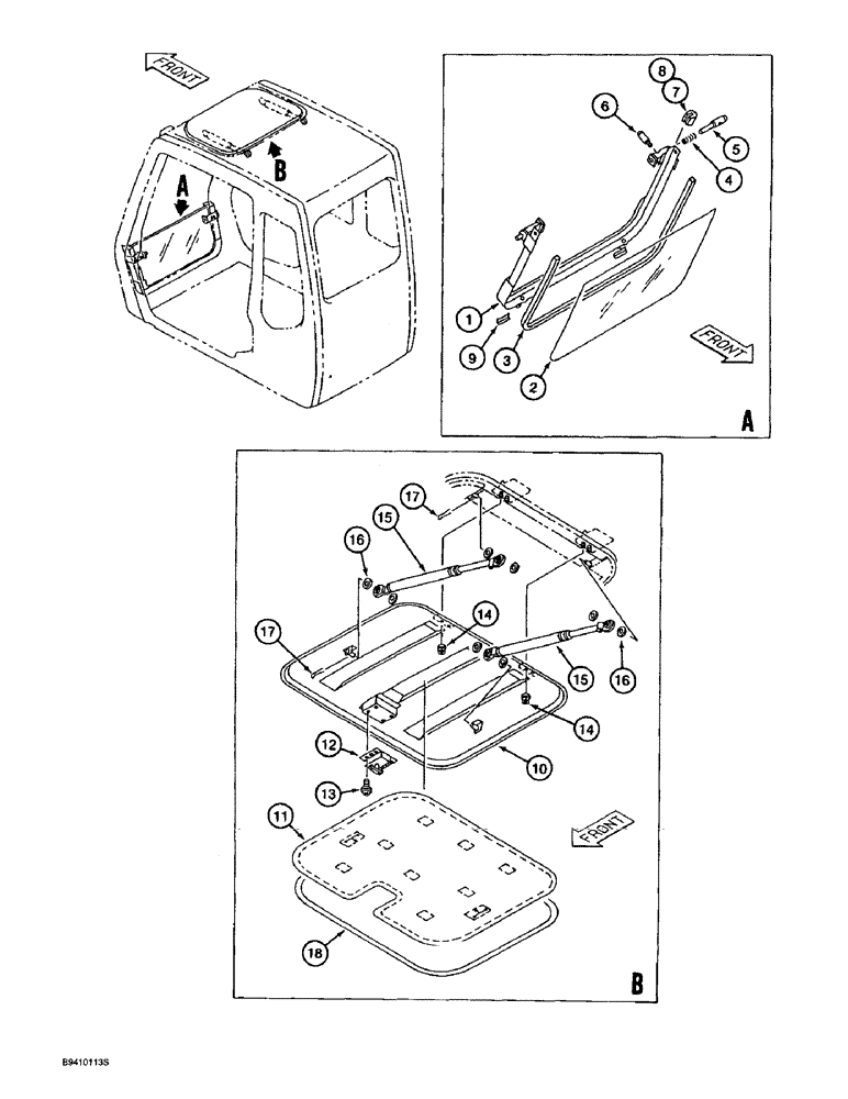 Схема запчастей Case 9060B - (9-064) - CAB LOWER FRONT WINDOW AND ROOF PANEL ASSEMBLY (09) - CHASSIS