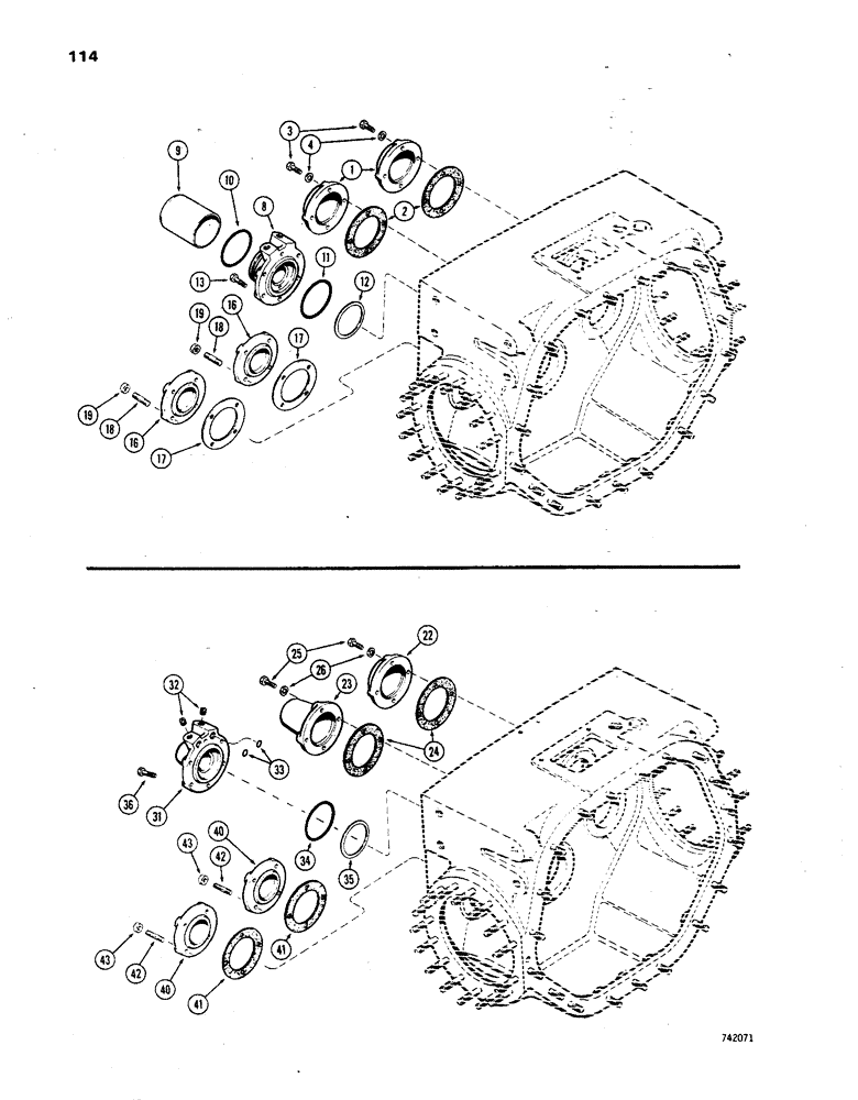 Схема запчастей Case 850 - (114) - TRANSMISSION HOUSING REAR COVERS, 1ST USED TRANS. S/N 2697154, 1ST USED TRAC. S/N 7074053 (03) - TRANSMISSION