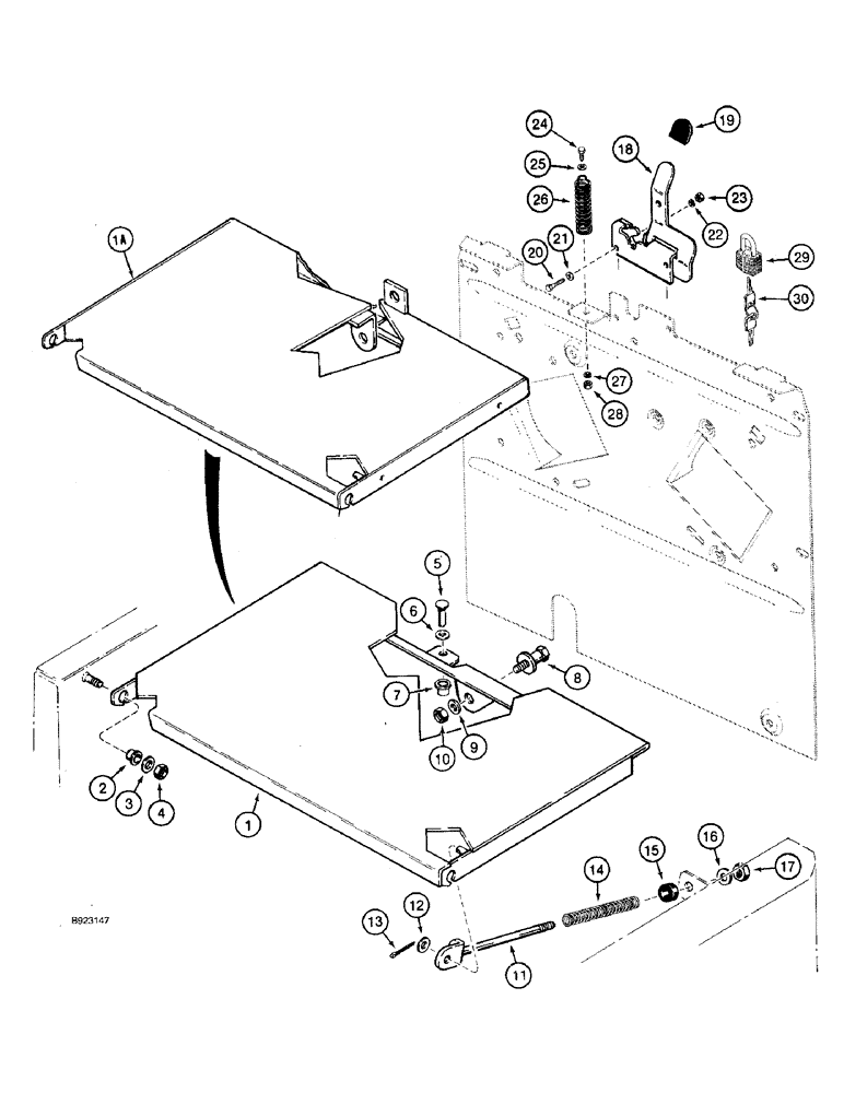 Схема запчастей Case 590 - (9-076) - UPRIGHT COVER AND HOOD LATCH RELEASE (09) - CHASSIS/ATTACHMENTS