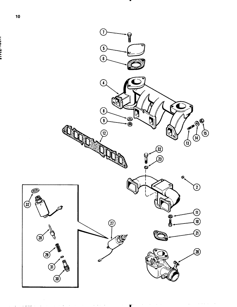 Схема запчастей Case 1845B - (010) - MANIFOLDS & CARBURETOR, 159 SPARK IGNITION ENGINE (02) - ENGINE