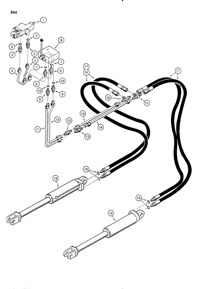 Схема запчастей Case SD100 - (344) - LINE LAYER LIFT HYDRAULIC CIRCUIT, USED WITH H594887 SELECTOR VALVE AND ONE SPOOL CONTROL VALVE (35) - HYDRAULIC SYSTEMS