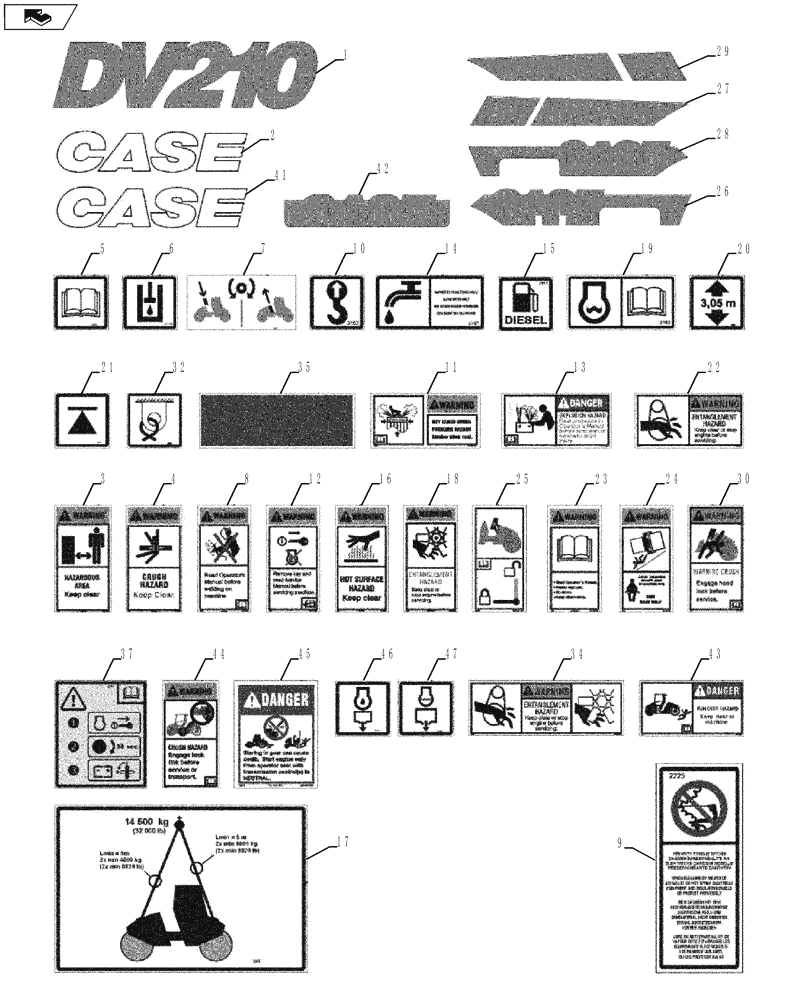 Схема запчастей Case DV210 - (90.108.01) - DECALS, ENGLISH DV210 (GROUP 510-ND147998) (90) - PLATFORM, CAB, BODYWORK AND DECALS