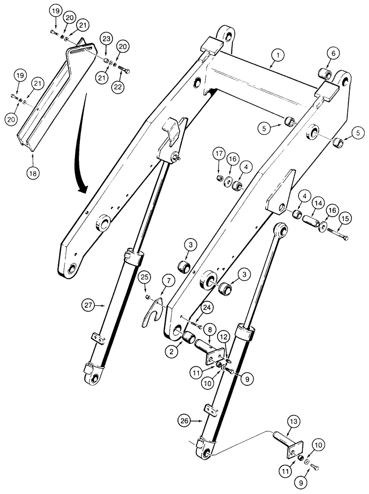 Схема запчастей Case 850E - (9-002) - LOADER LIFT FRAME, LIFT CYLINDERS AND STRUT (09) - CHASSIS/ATTACHMENTS