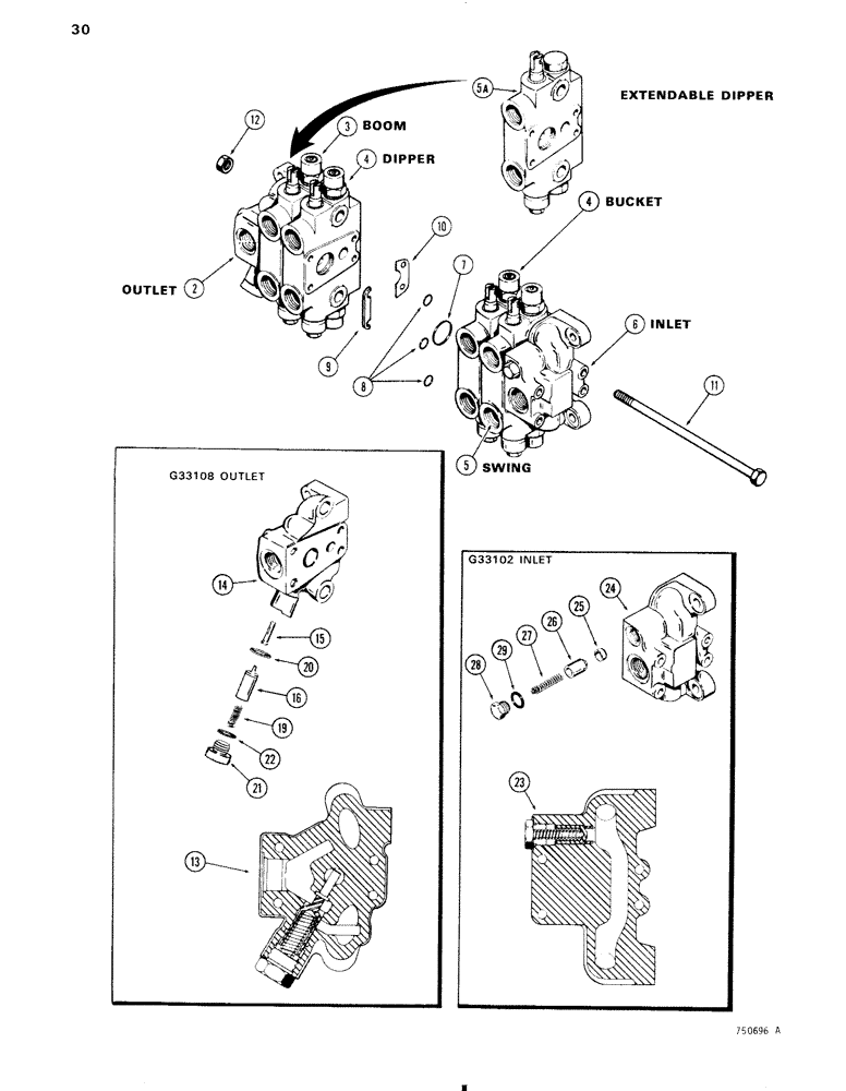 Схема запчастей Case 35 - (030) - BACKHOE CONTROL VALVES, OUTLET SECTION, INLET SECTION 