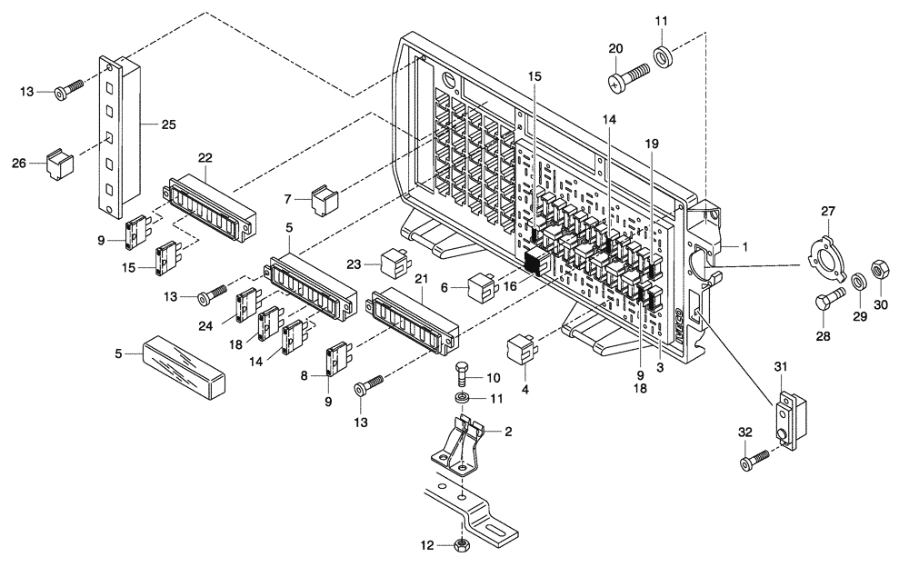 Схема запчастей Case 330 - (67A00011255[02]) - ELECTRICAL COMPONENTS - CONTROL PANEL / FUSE BLOCK (87442873) (NA 330 PIN HHD000243 AND AFTER) (13) - Electrical System / Decals