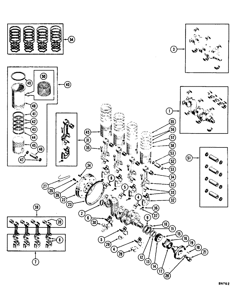 Схема запчастей Case 1000 - (018) - FLYWHEEL, CRANKSHAFT, AND PISTONS (01) - ENGINE