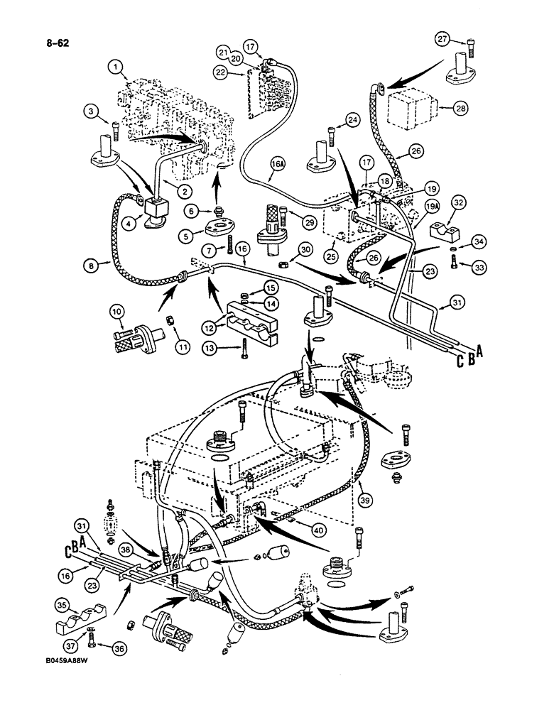 Схема запчастей Case 125B - (8-062) - HYDRAULIC CIRCUIT RETURN LINES, P.I.N. 74845 THROUGH 74963, 21801 THROUGH 21868, 26801 AND AFTER (08) - HYDRAULICS