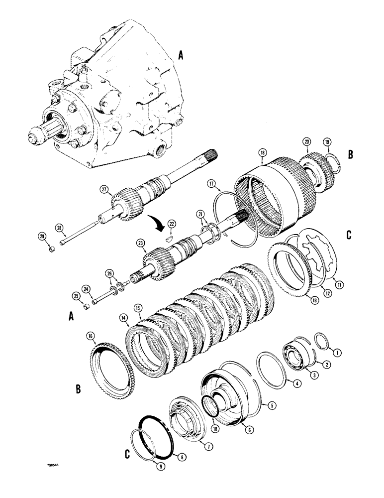 Схема запчастей Case 350 - (134) - POWER SHUTTLE TRANSMISSION - ALL MODELS, DRIVE GEAR AND FORWARD CLUTCH (03) - TRANSMISSION