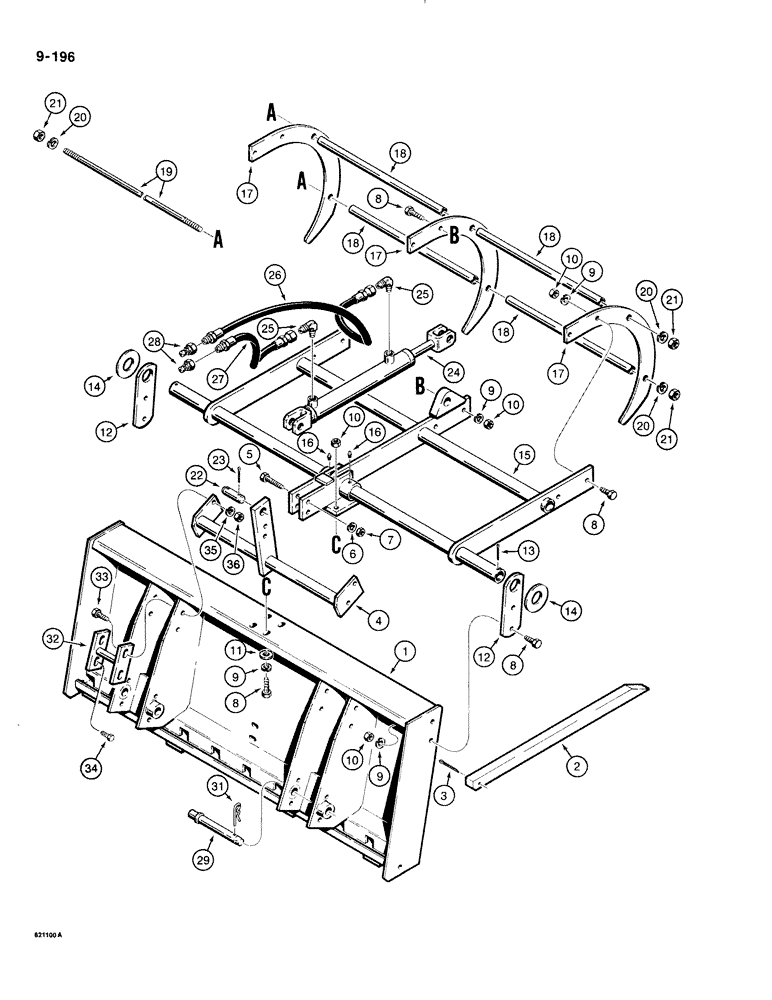 Схема запчастей Case 1835B - (9-196) - MANURE FORK, GRAPPLE ATTACHMENT, LOADER ATTACHMENT BAR MOUNTING (09) - CHASSIS/ATTACHMENTS