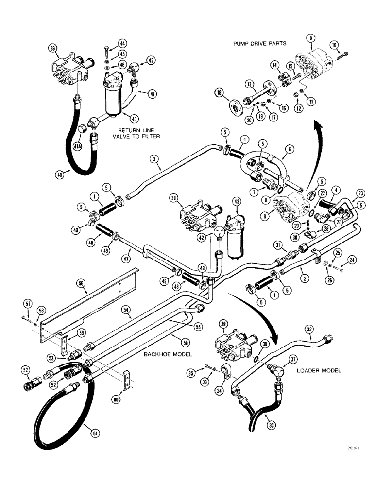 Схема запчастей Case 380CK - (140) - EQUIPMENT HYDRAULIC CIRCUIT, MODELS WITH DUAL RIGHT HAND AND LEFT HAND OIL RESERVOIRS (08) - HYDRAULICS