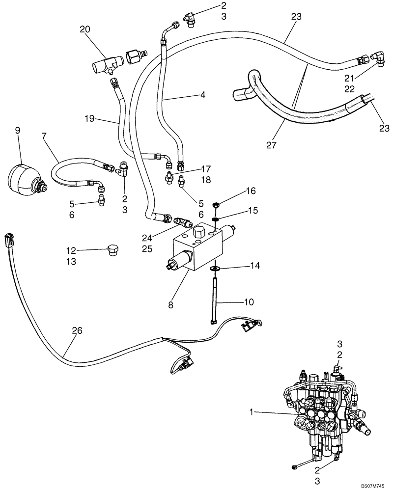 Схема запчастей Case 590SM - (08-07A) - HYDRAULICS - LOADER CLAM, AT ACCUMULATOR W/ ELECTRICAL (MODELS WITHOUT PILOT CONTROLS) (590SM) (08) - HYDRAULICS