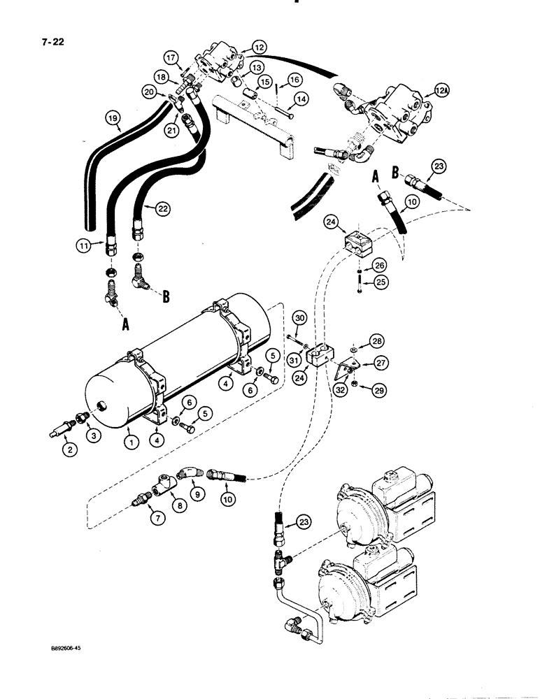 Схема запчастей Case 621 - (7-22) - UPPER RESERVOIR TO BRAKE VALVE AND ACTUATORS, P.I.N. JAK0020901 AND AFTER (07) - BRAKES