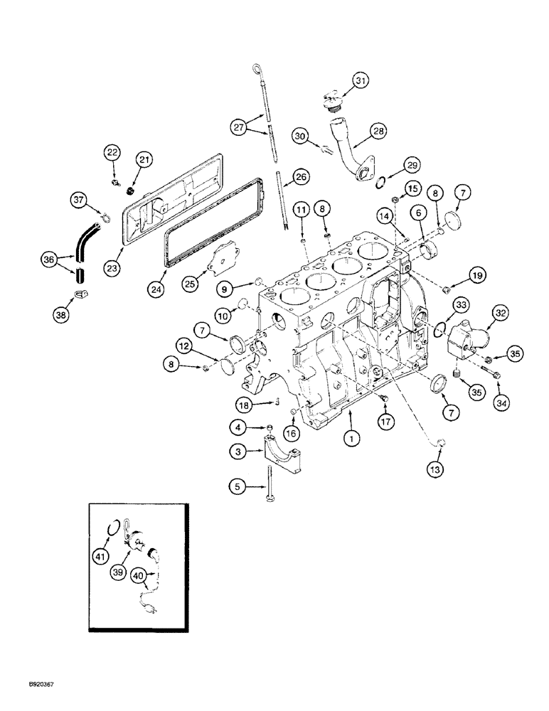 Схема запчастей Case 480F - (2-32) - CYLINDER BLOCK, 4-390 ENGINE, USES 9 MM FUEL INJECTOR NOZZLE, PRIOR TO ENGINE S/N 44511034 (02) - ENGINE