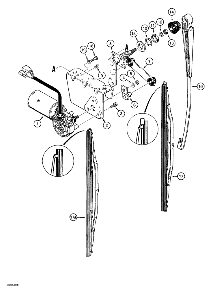 Схема запчастей Case 580SL - (9-128) - CAB FRONT WINDSHIELD WIPER (09) - CHASSIS/ATTACHMENTS