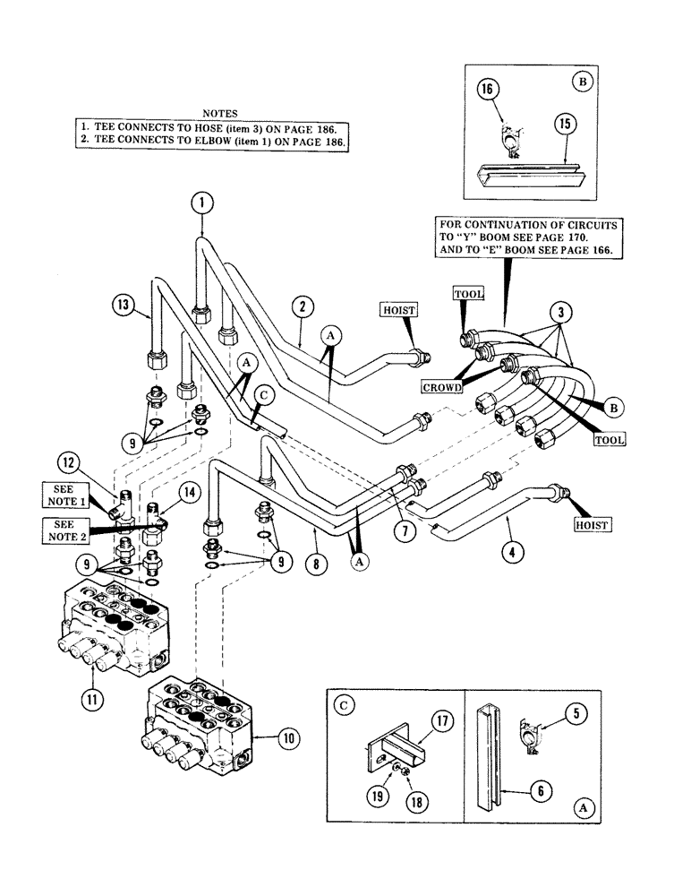 Схема запчастей Case 40 - (164) - CROWD, HOIST AND TOOL TUBING, (FROM MAIN VALVES TO BOOM) (35) - HYDRAULIC SYSTEMS