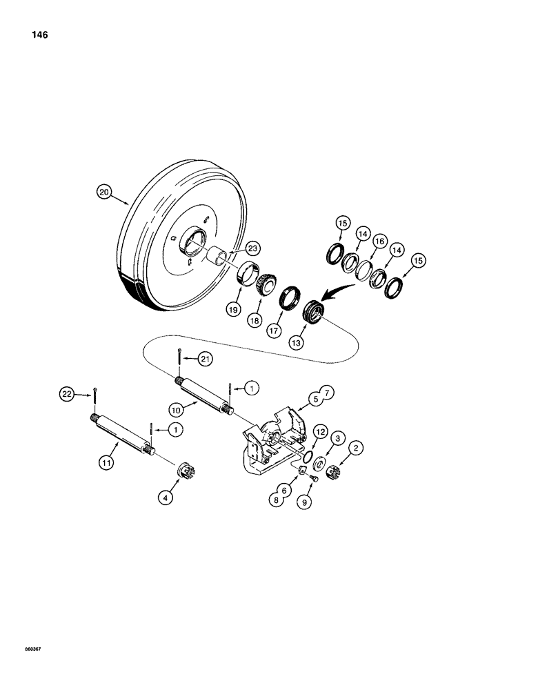 Схема запчастей Case 1150D - (146) - IDLER ASSEMBLY - SHAFT RETAINED BY NUTS, IF USED (11) - TRACKS/STEERING