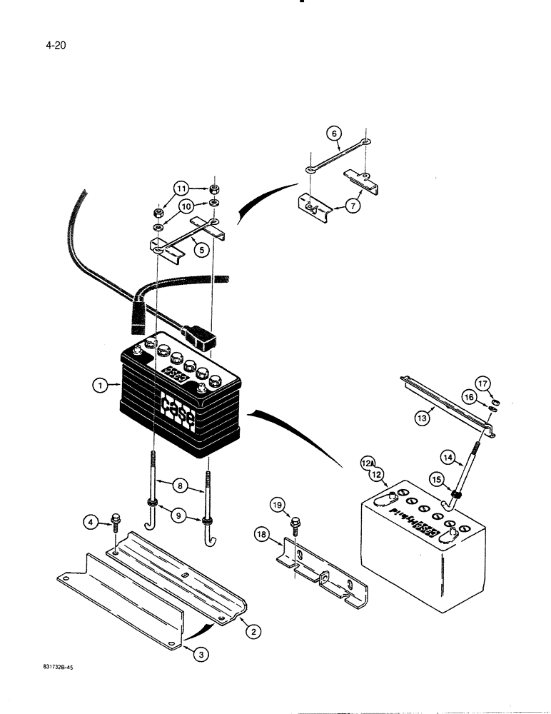 Схема запчастей Case 455C - (4-20) - SINGLE BATTERY AND MOUNTING, BHC30 BATTERY AND MOUNTING, IF USED (04) - ELECTRICAL SYSTEMS