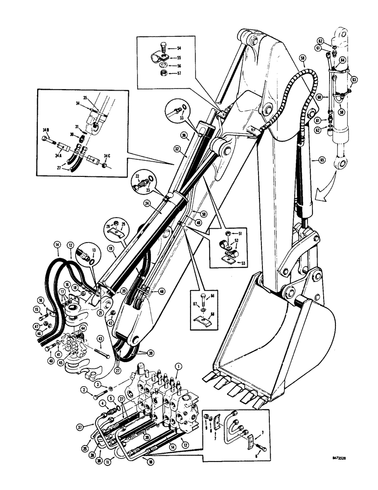 Схема запчастей Case 34 - (28) - BOOM, CROWD AND BUCKET CYLINDER HYDRAULICS 