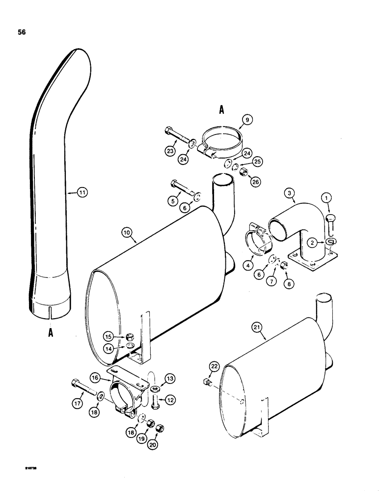 Схема запчастей Case 855C - (056) - MUFFLER, USED ON MODELS WITHOUT TURBOCHARGER (01) - ENGINE